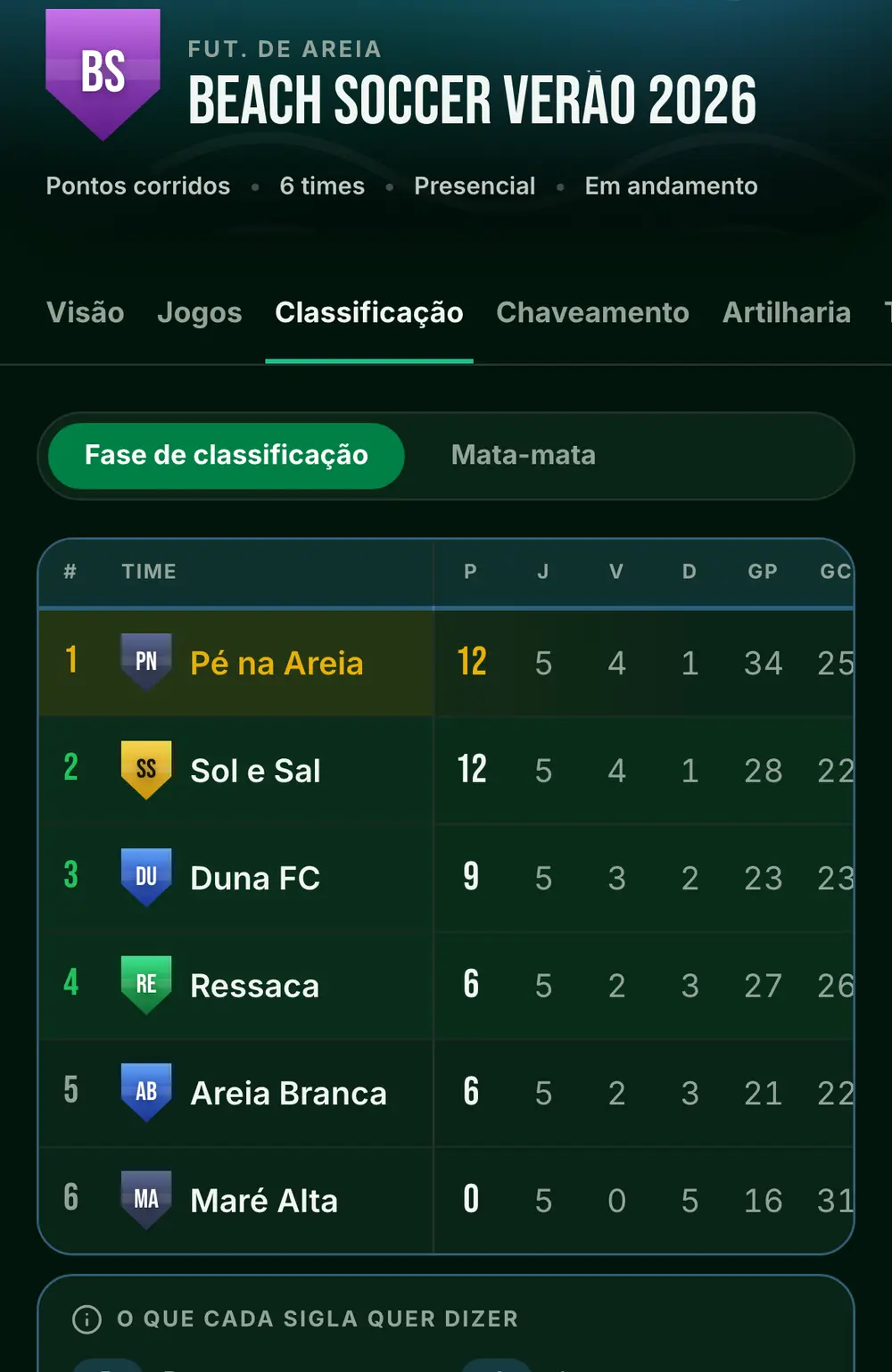 Tela do campeonato de futebol de areia no app, com o nome, as abas e a classificação