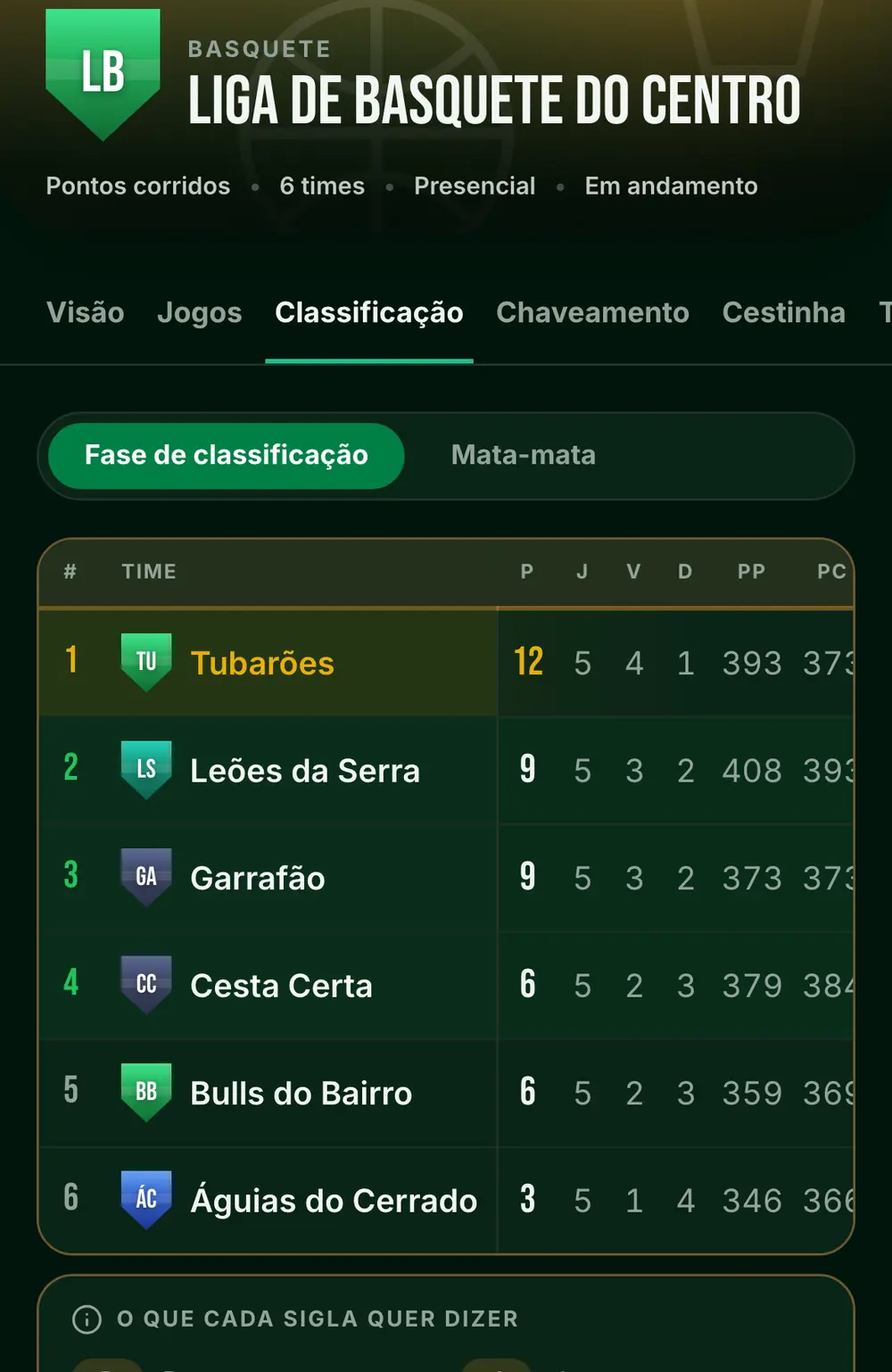 Tela do campeonato de basquete no app, com o nome, as abas e a classificação